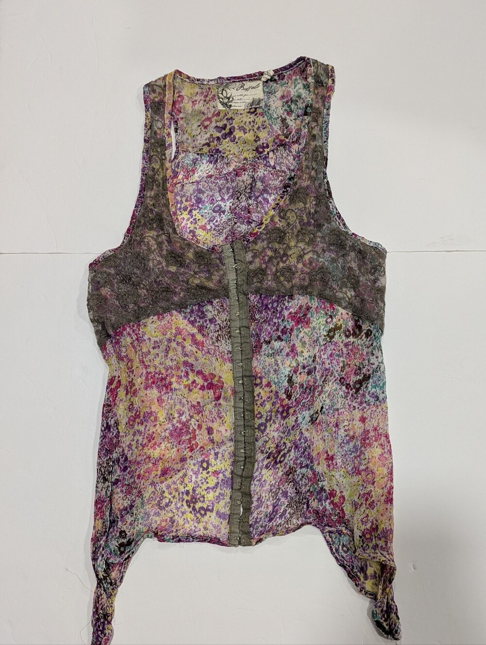 Buffalo Sheer Lace Floral Tank Top in Purple and Multicolor - Size Large Boho